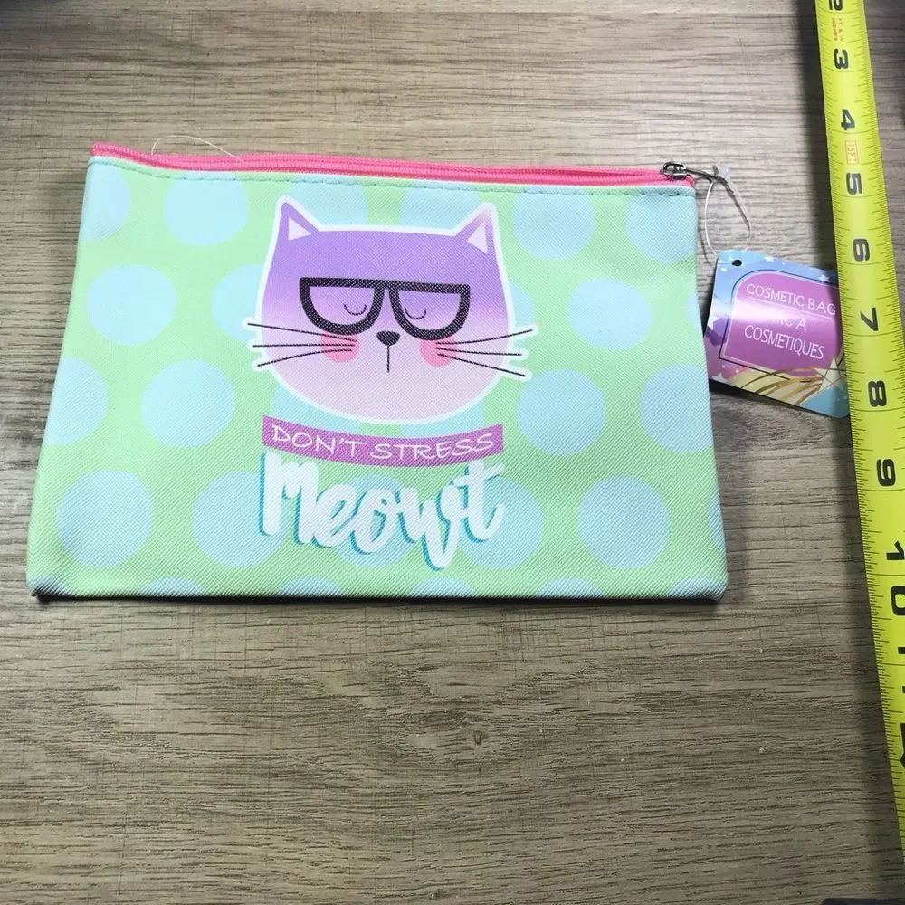 Chic Cat Makeup Bag Pouch with Purple and Green Design